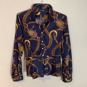 Lauren Ralph Lauren 12/14. Elegant blouse. Navy/prints.